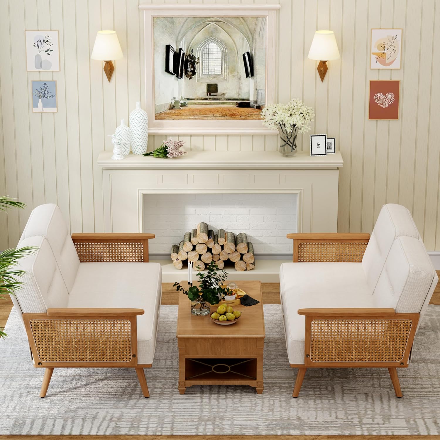 Furnishiaa Solid Oak Wood Loveseat Sofa Couches with Rattan Arms - Furnishiaa -  - 