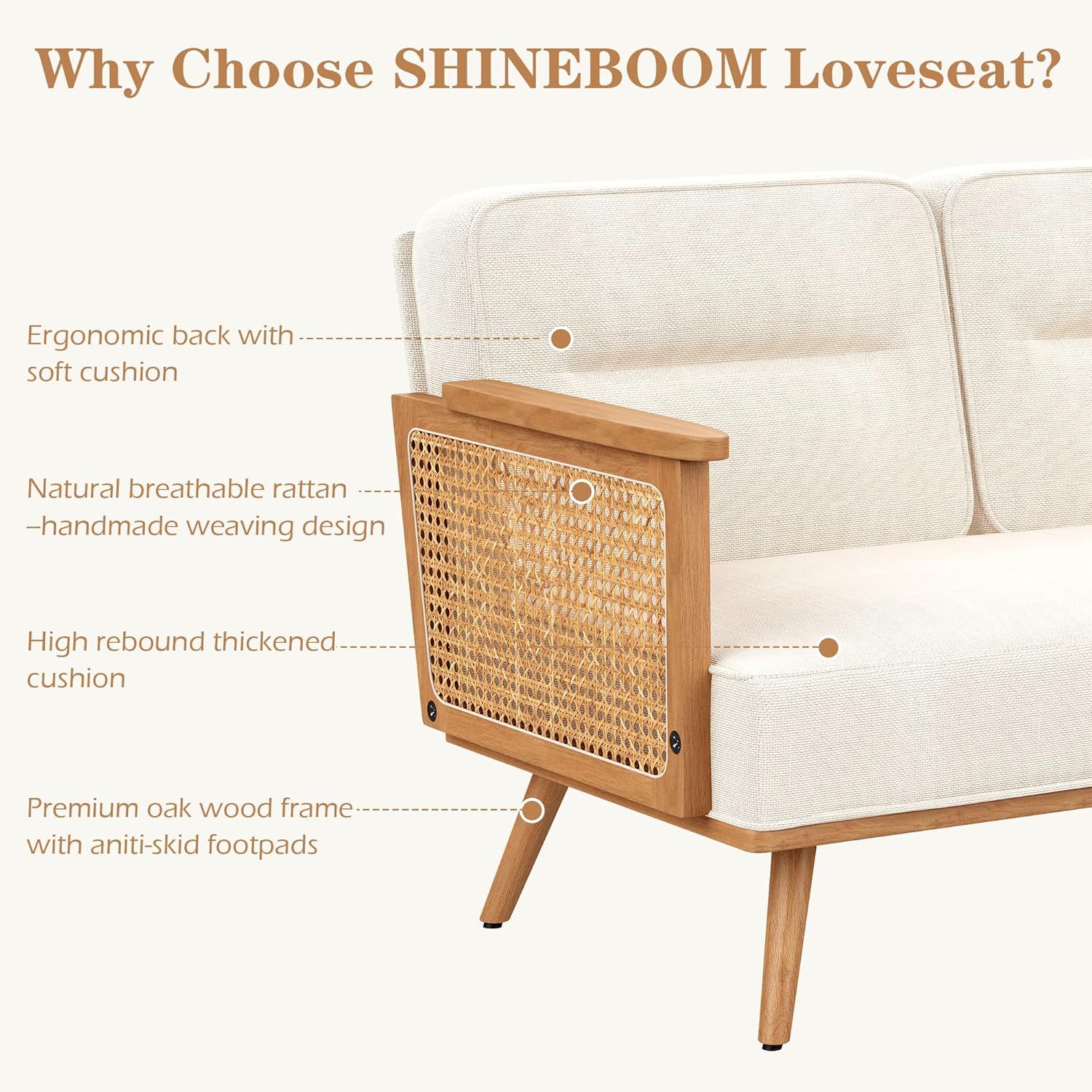 Furnishiaa Solid Oak Wood Loveseat Sofa Couches with Rattan Arms - Furnishiaa -  - 