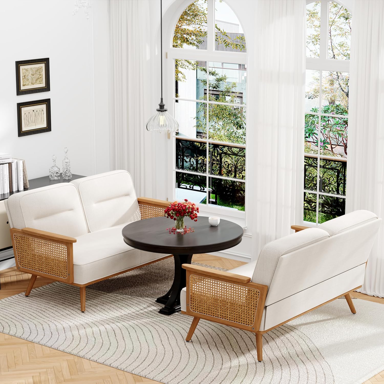 Furnishiaa Solid Oak Wood Loveseat Sofa Couches with Rattan Arms - Furnishiaa -  - 