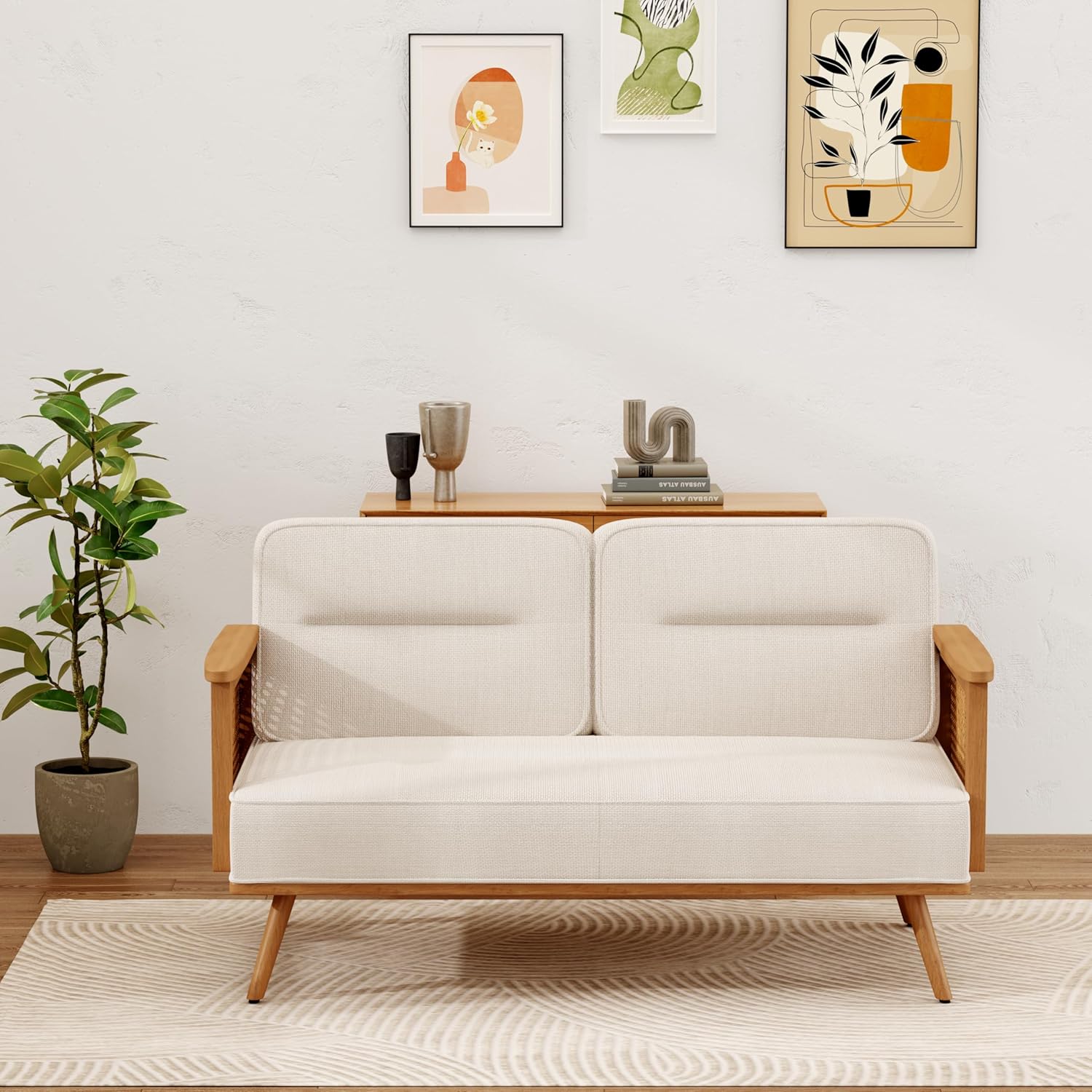 Furnishiaa Solid Oak Wood Loveseat Sofa Couches with Rattan Arms - Furnishiaa -  - 