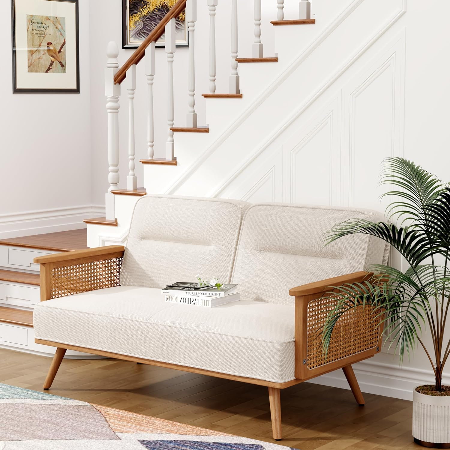 Furnishiaa Solid Oak Wood Loveseat Sofa Couches with Rattan Arms - Furnishiaa -  - 