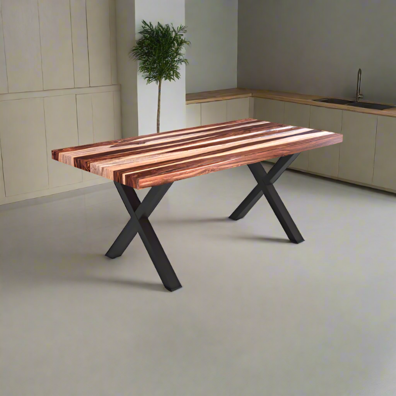 Furnishiaa Solid Sheesham Wood Top X Shape Metal Base Frame Dining Table - Furnishiaa -  - 