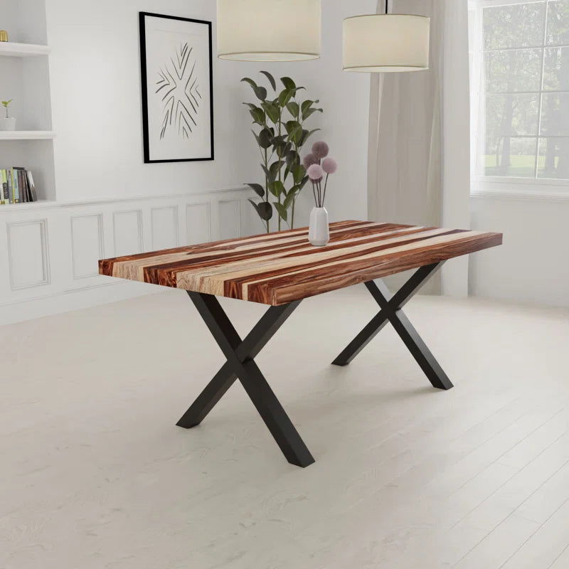 Furnishiaa Solid Sheesham Wood Top X Shape Metal Base Frame Dining Table - Furnishiaa -  - 