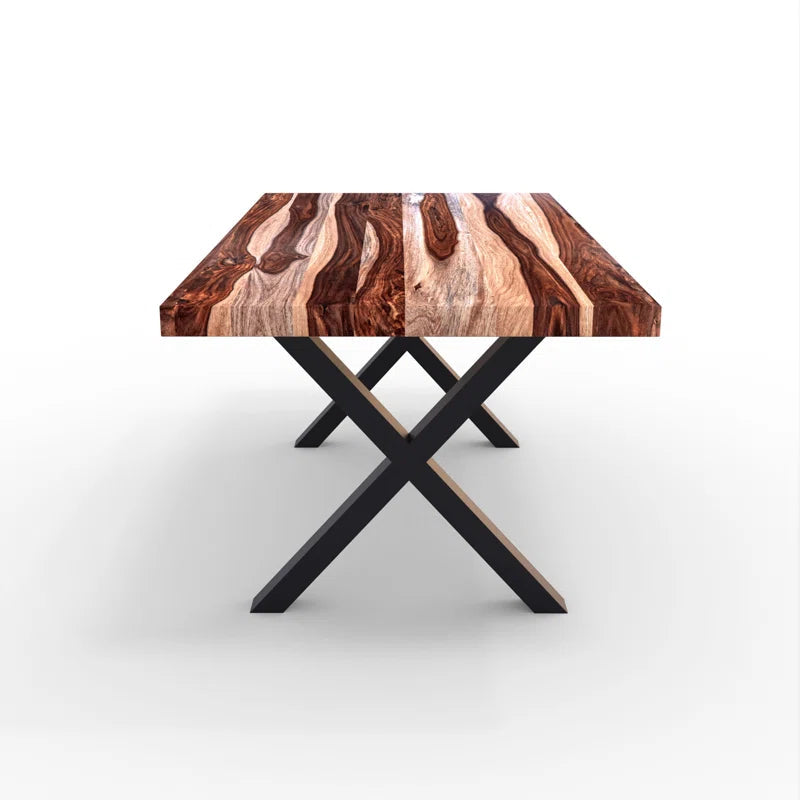Furnishiaa Solid Sheesham Wood Top X Shape Metal Base Frame Dining Table - Furnishiaa -  - 