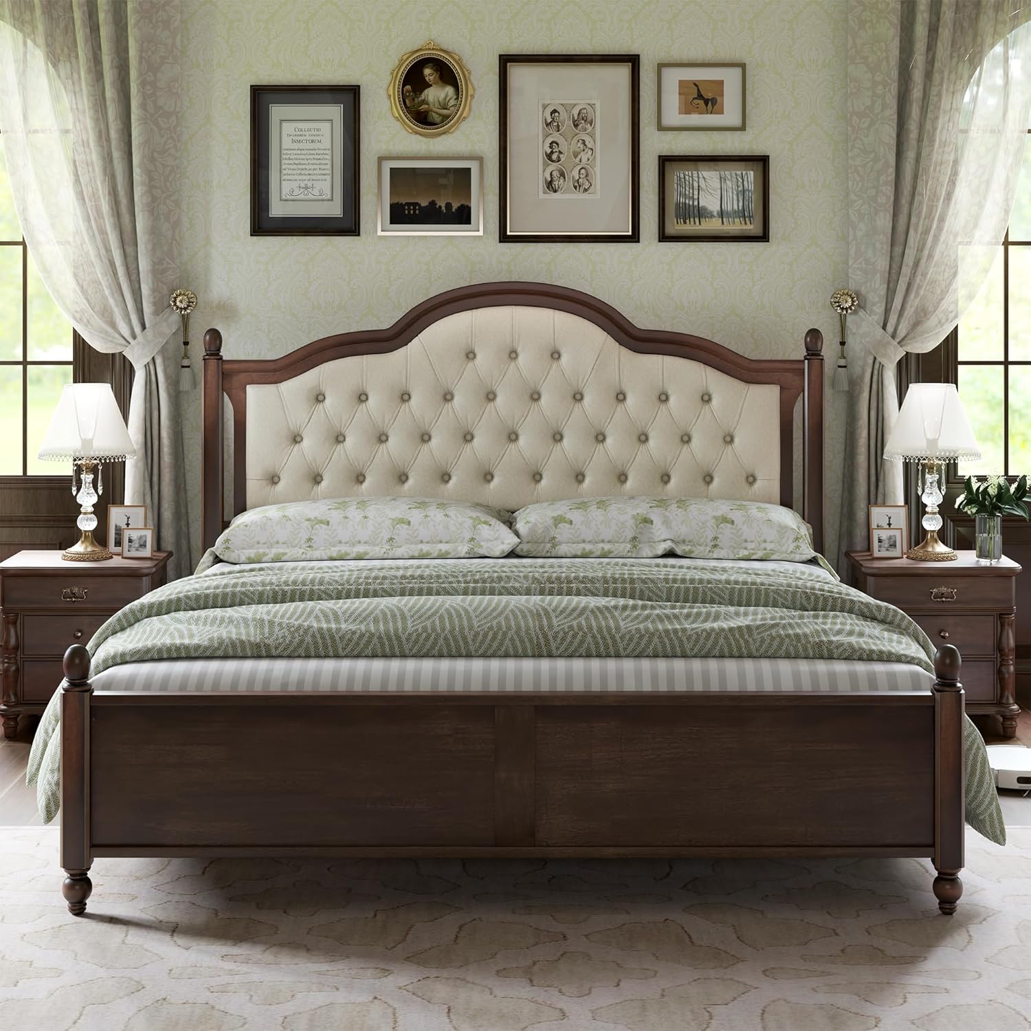 Furnishiaa Solid Wood Bed Frame Upholstered Tufted Headboard Bed - Furnishiaa -  - 