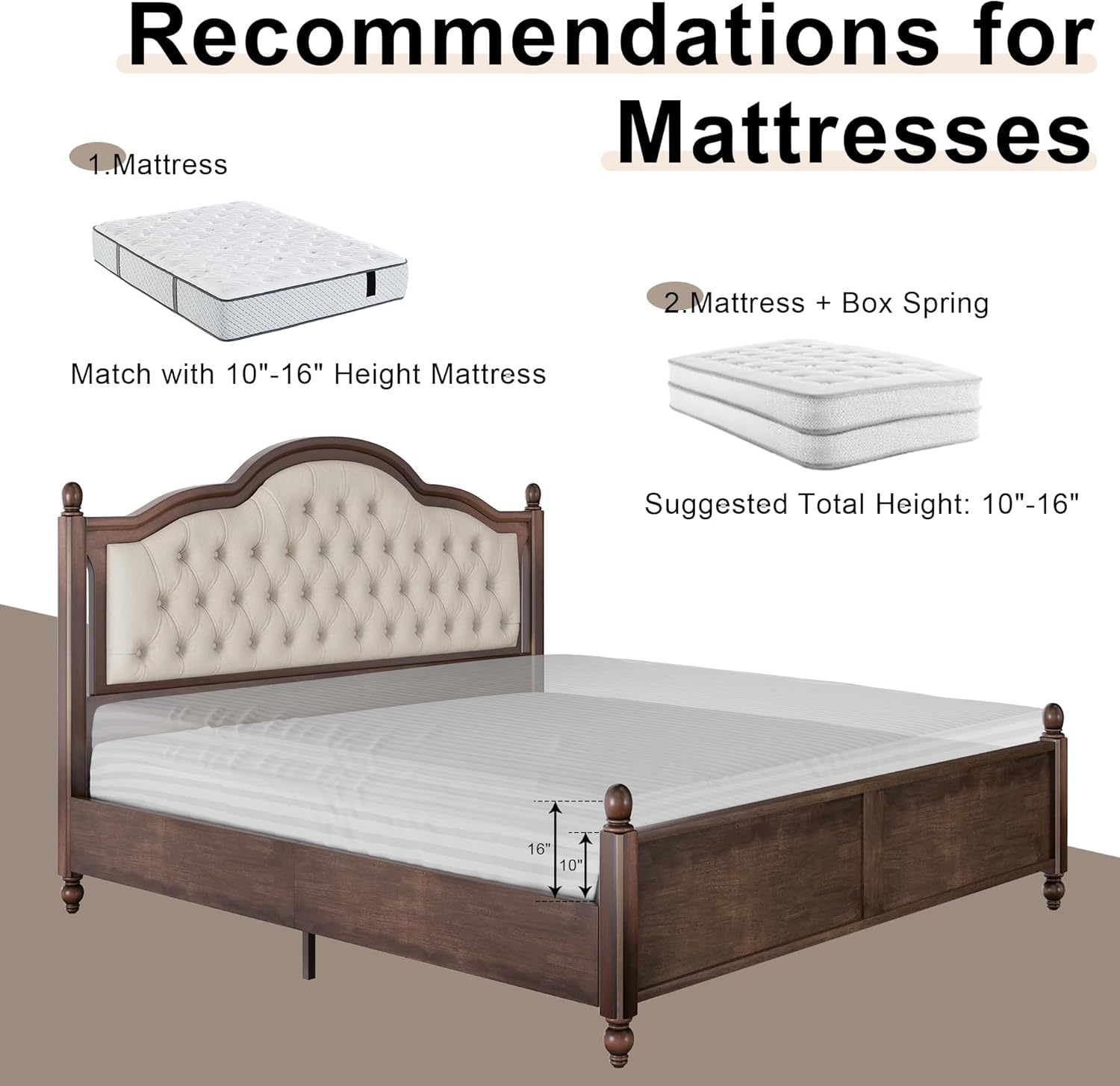 Furnishiaa Solid Wood Bed Frame Upholstered Tufted Headboard Bed - Furnishiaa -  - 