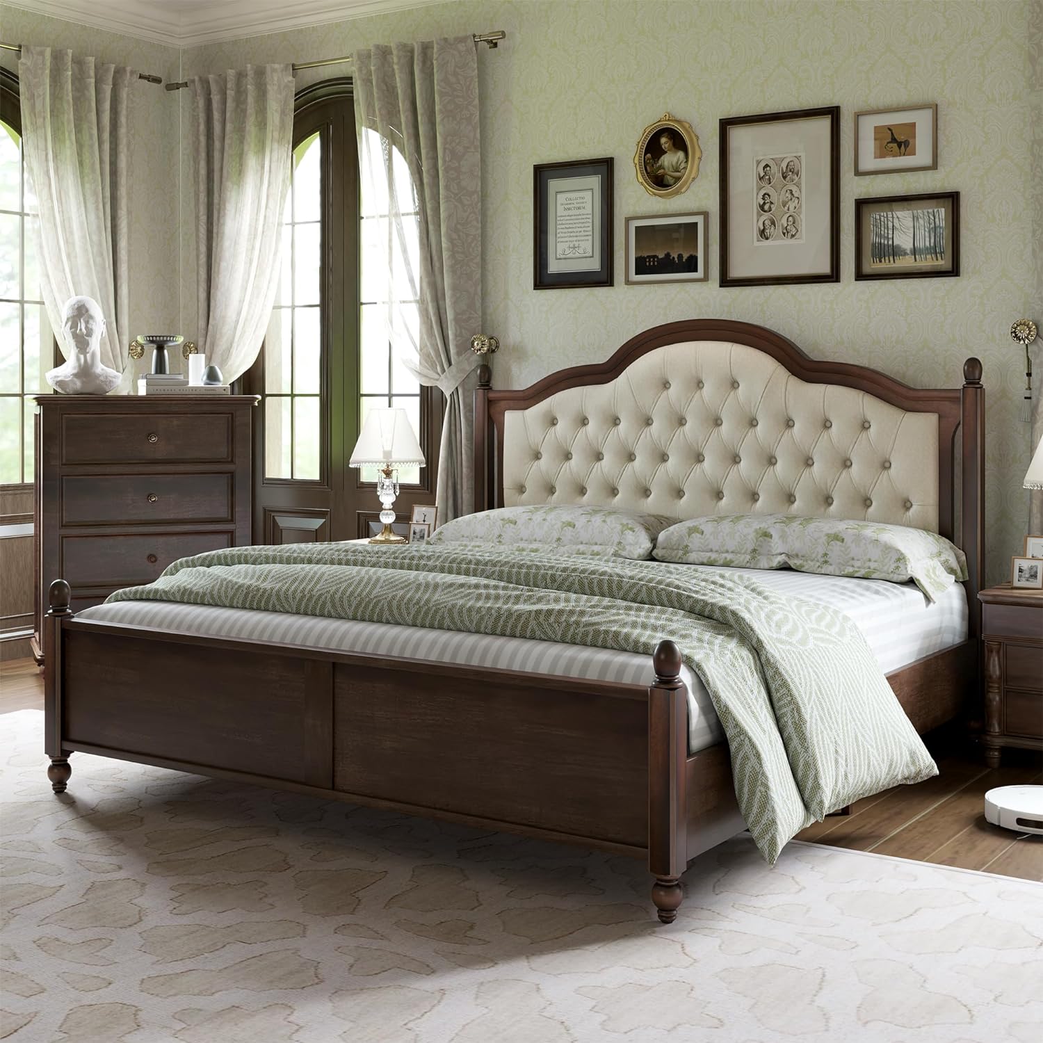 Furnishiaa Solid Wood Bed Frame Upholstered Tufted Headboard Bed - Furnishiaa -  - 