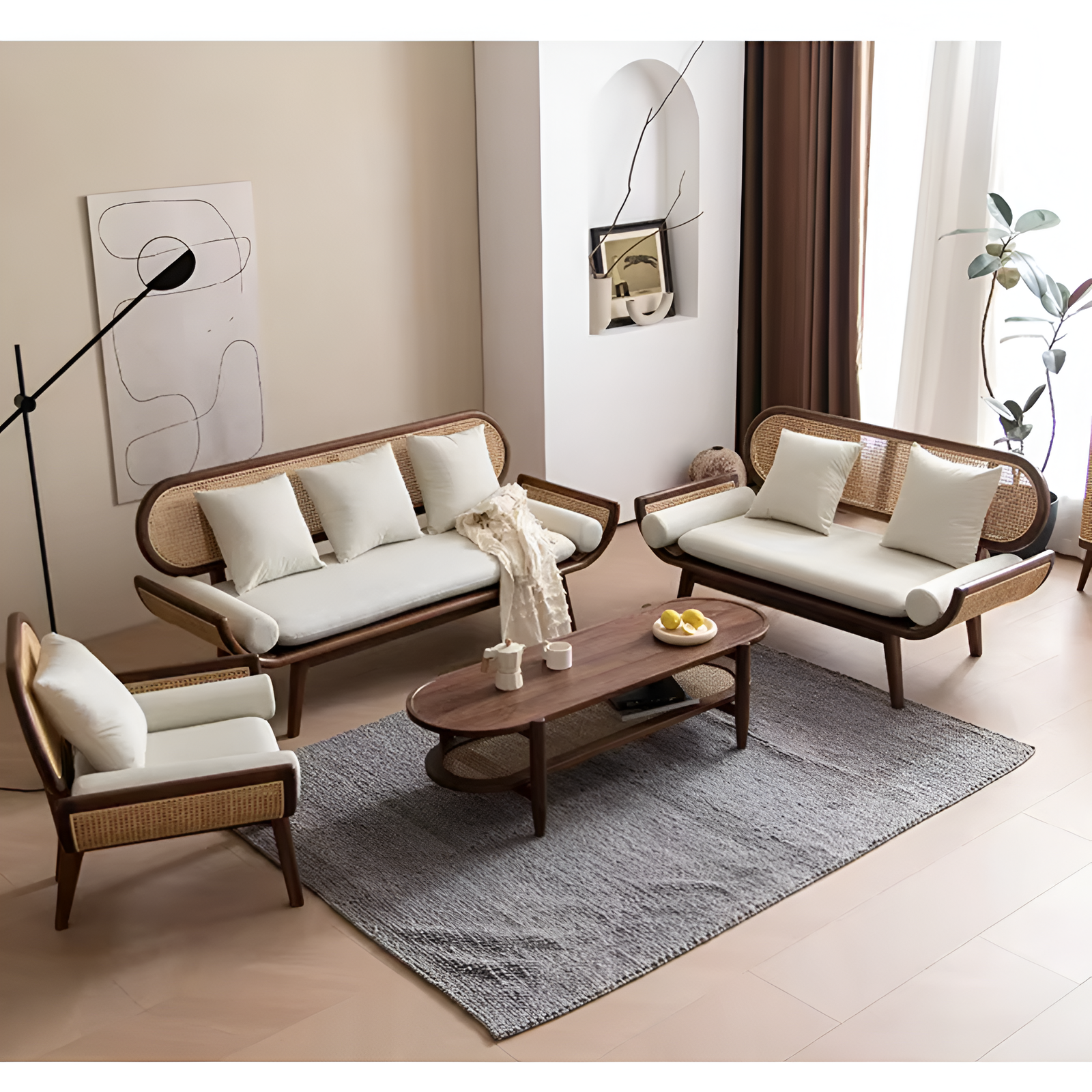 Furnishiaa Solid Wood Curve Handle Natural Cane Sofa - Furnishiaa -  - 