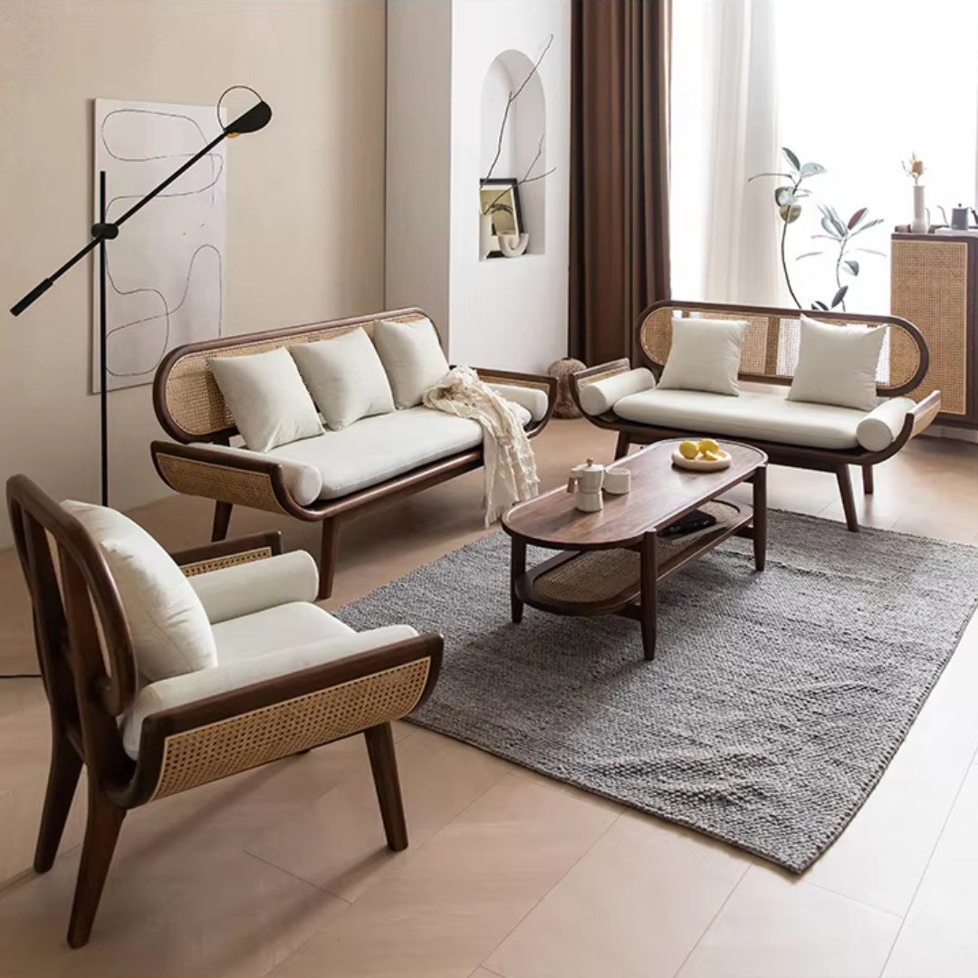 Furnishiaa Solid Wood Curve Handle Natural Cane Sofa - Furnishiaa -  - 