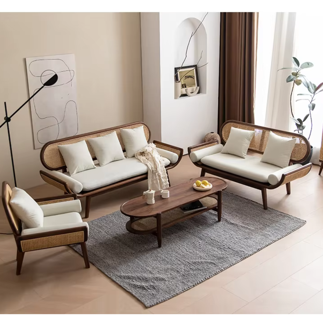 Furnishiaa Solid Wood Curve Handle Natural Cane Sofa - Furnishiaa -  - 