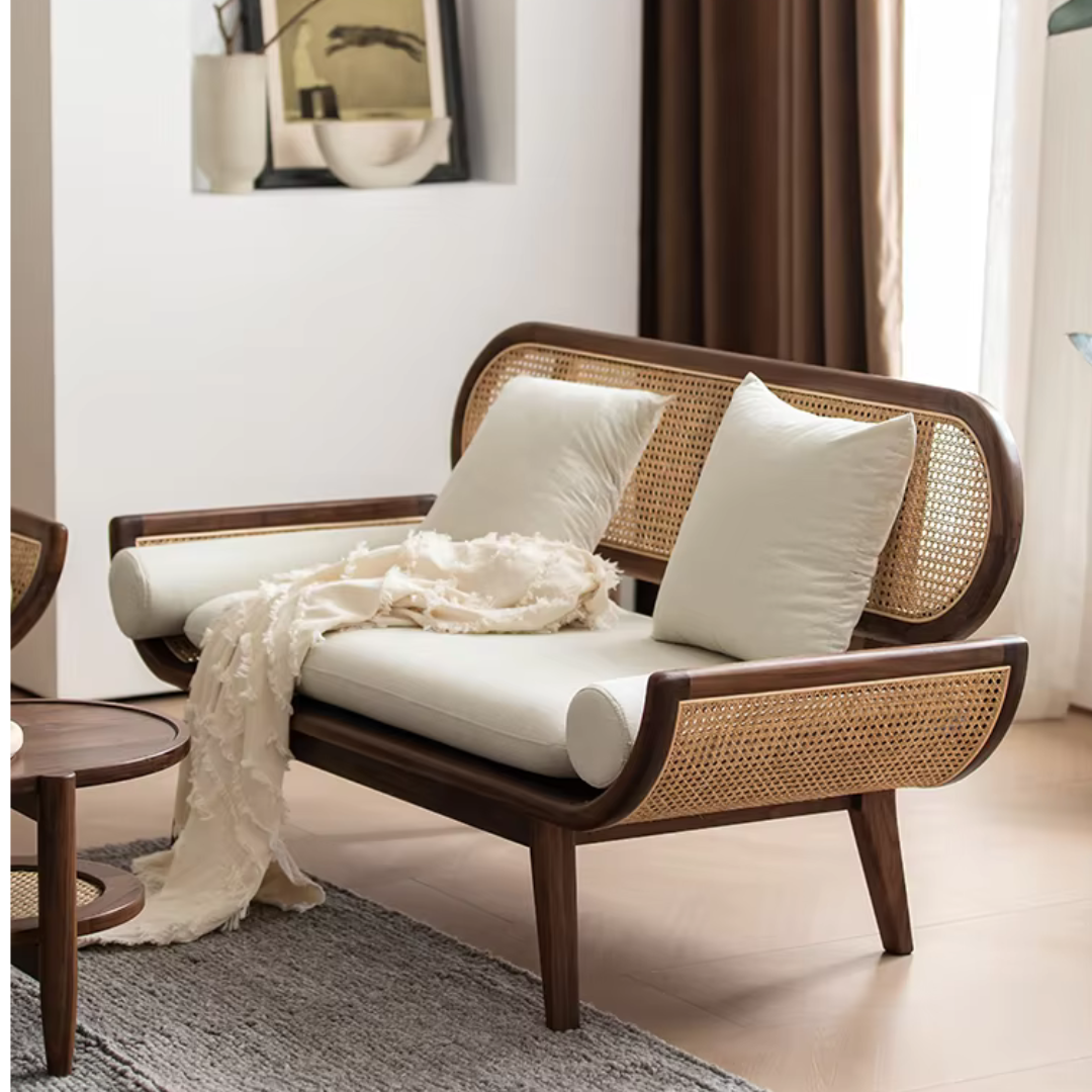 Furnishiaa Solid Wood Curve Handle Natural Cane Sofa - Furnishiaa -  - 