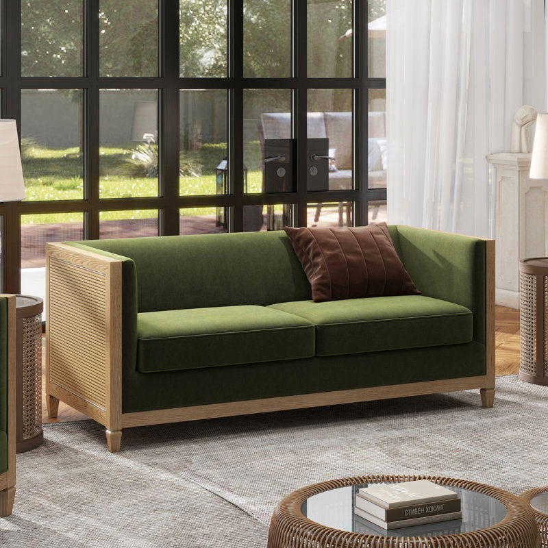 Furnishiaa Upholstered Sofa with Natural Cane and Olive Velvet - Furnishiaa -  - 