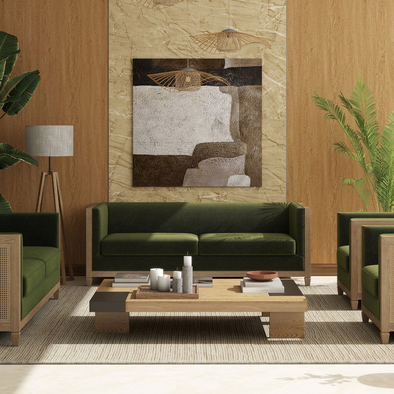 Furnishiaa Upholstered Sofa with Natural Cane and Olive Velvet - Furnishiaa -  - 