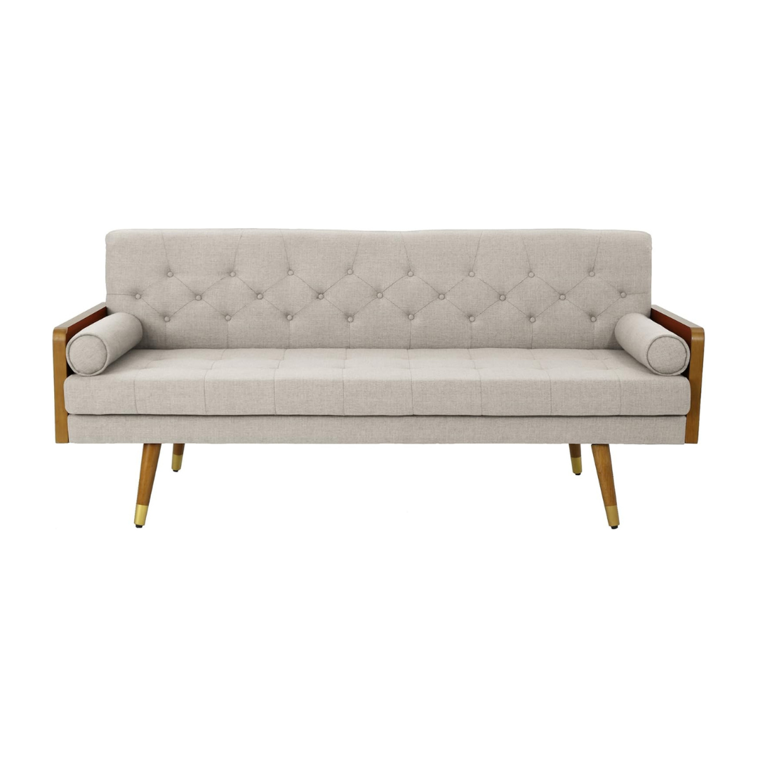 Furnishiaa Solid Wood Mid Century Modern Tufted Fabric Sofa, Beige