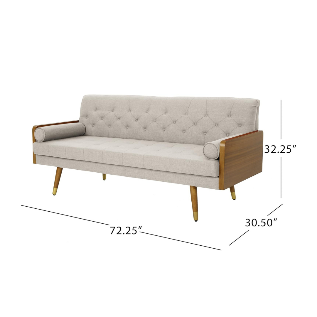 Furnishiaa Solid Wood Mid Century Modern Tufted Fabric Sofa, Beige