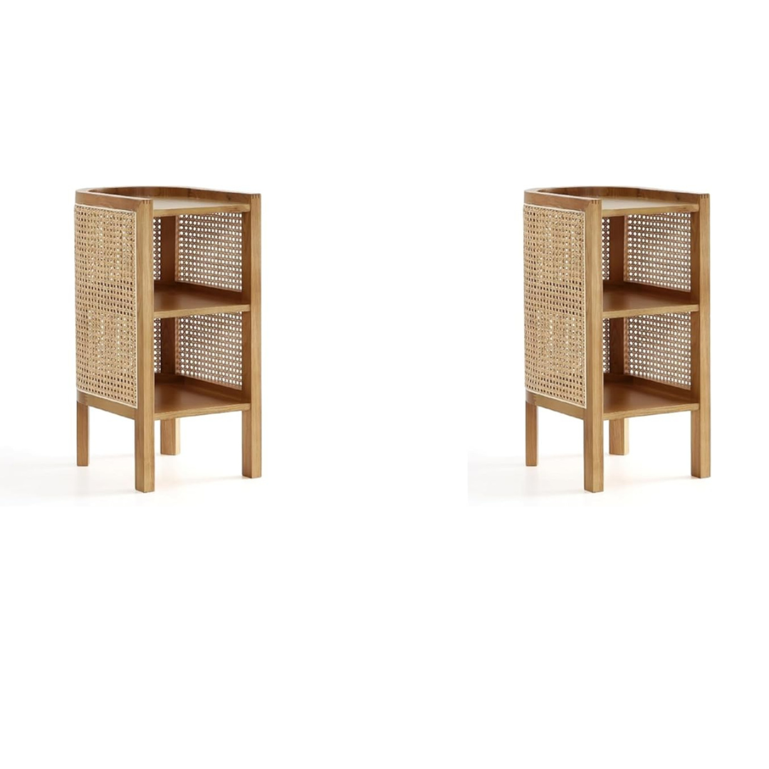 Furnishiaa Natural Rattan Bedside End Table with 2 Shelf Storage, Set of 2, Natural Cane