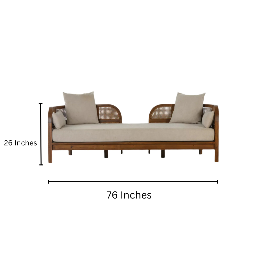 Handcrafted Teak & Rattan Sofa With Linen Fabric