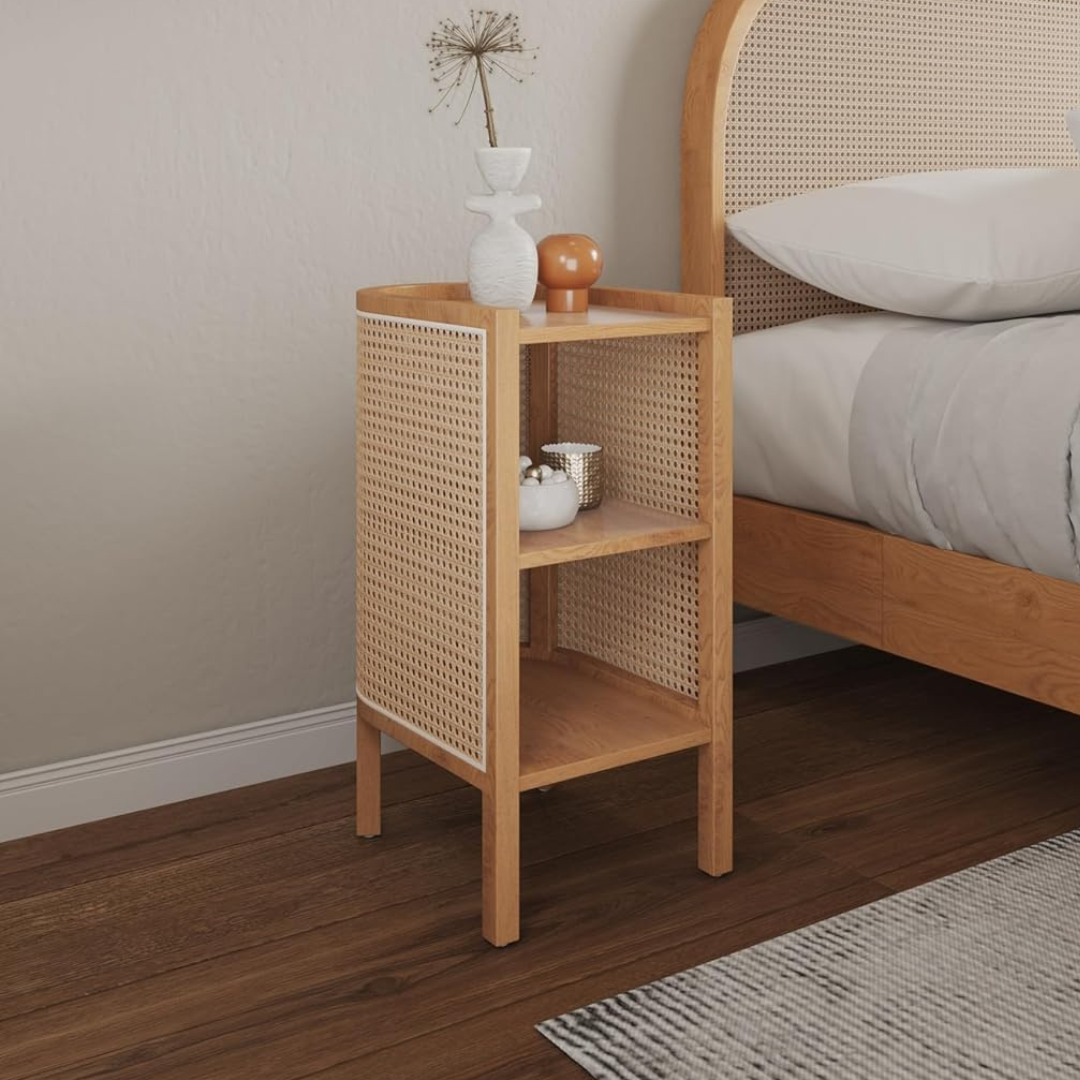 Furnishiaa Natural Rattan Bedside End Table with 2 Shelf Storage, Set of 2, Natural Cane