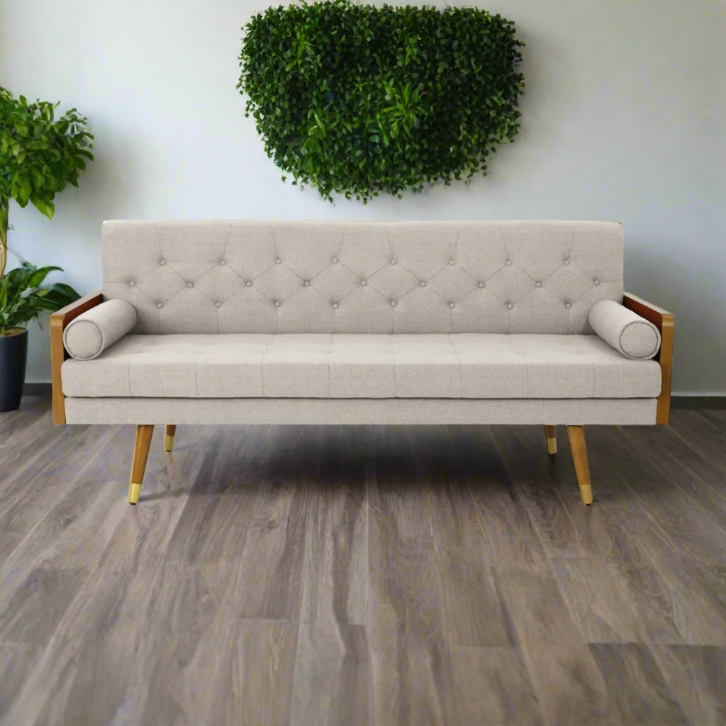 Furnishiaa Solid Wood Mid Century Modern Tufted Fabric Sofa, Beige