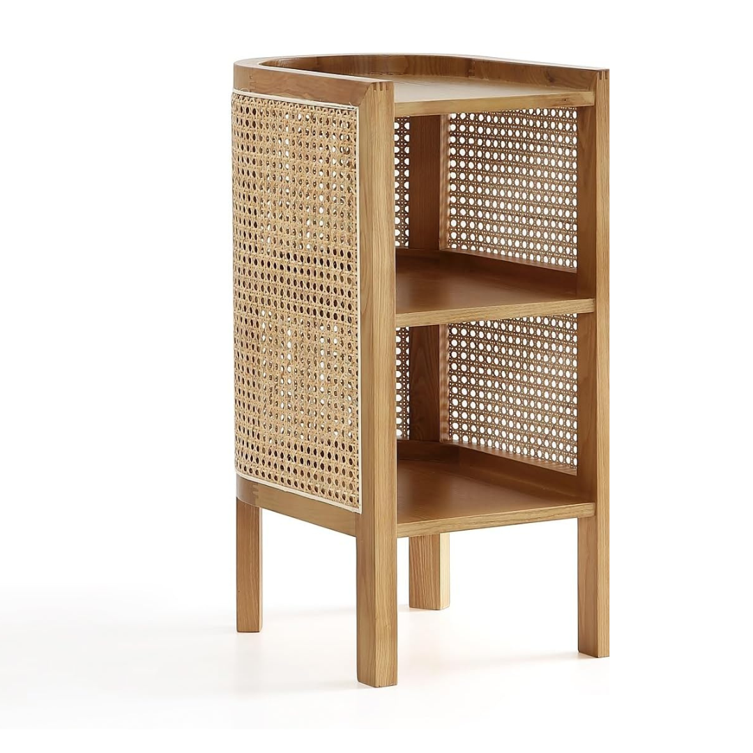 Furnishiaa Natural Rattan Bedside End Table with 2 Shelf Storage, Set of 2, Natural Cane