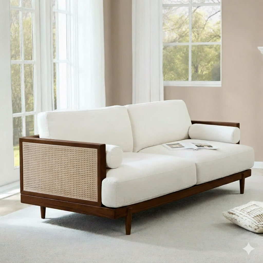 Solid Wood Upholstered Natural Cane Sofa Set