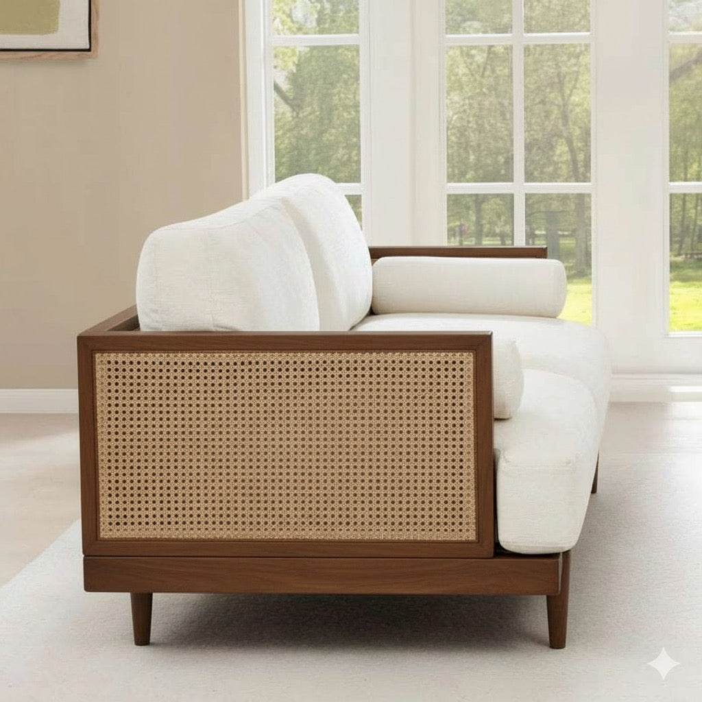 Solid Wood Upholstered Natural Cane Sofa Set