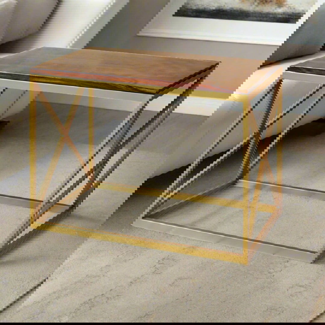 Iron Frame Solid Wood Center Coffee Table Gold for Living Room - Furnishiaa -  - 