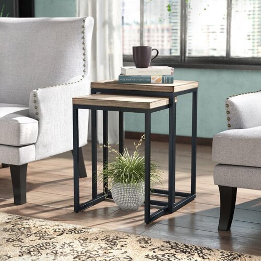 Iron Frame Solid Wood Nesting Tables for Home Set of 2 Stools - Furnishiaa -  - 