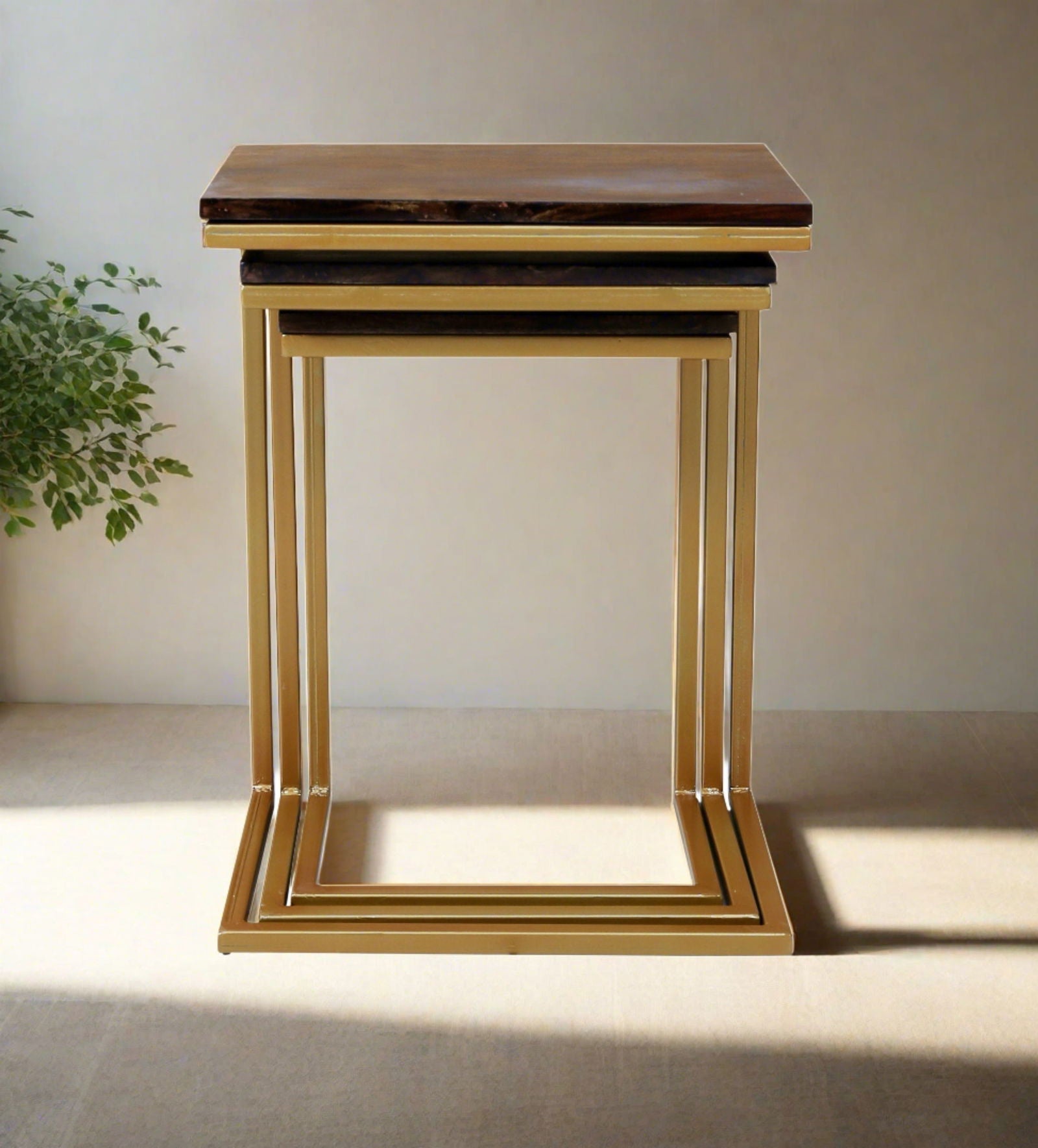 Iron Frame Solid Wood Nesting Tables for Home Set of 3 Stools for Living Room Black - Furnishiaa -  - 