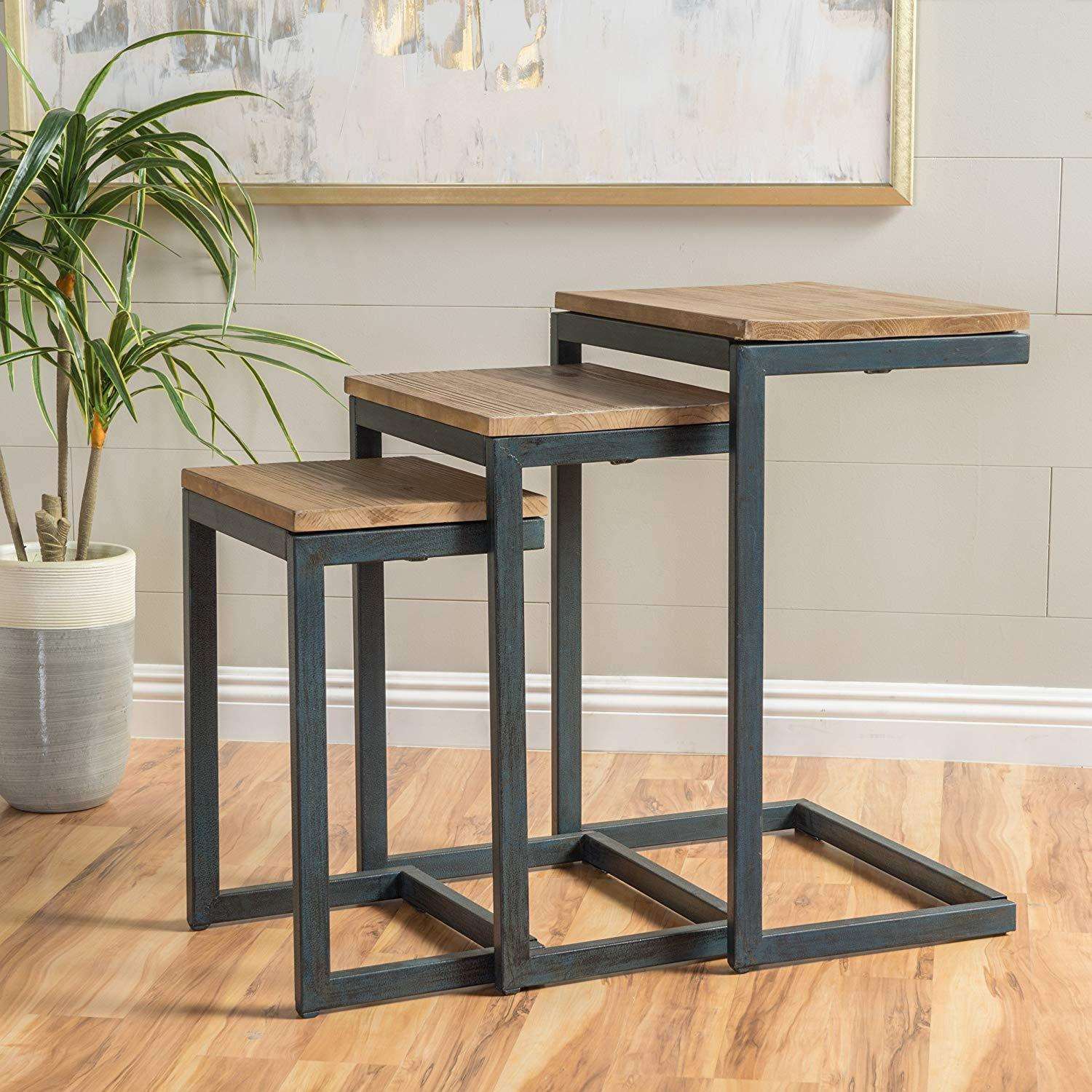 Iron Frame Solid Wood Nesting Tables for Home Set of 3 Stools for Living Room Black - Furnishiaa -  - 