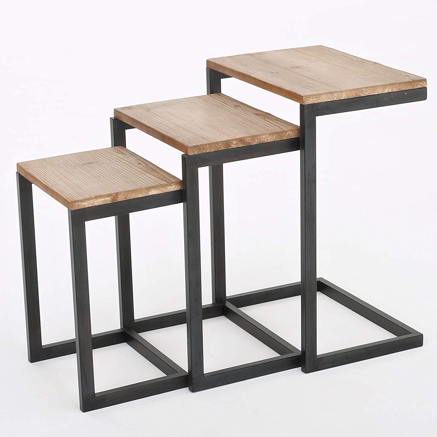 Iron Frame Solid Wood Nesting Tables for Home Set of 3 Stools for Living Room Black - Furnishiaa -  - 