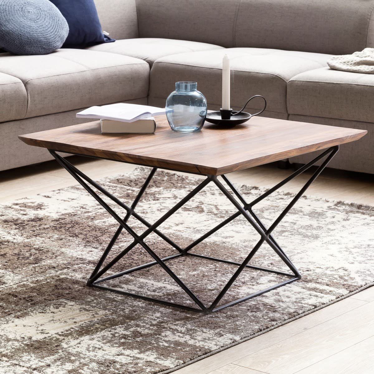 Iron & Solid Sheesham Wood Square Coffee Table for Home - Furnishiaa -  - 