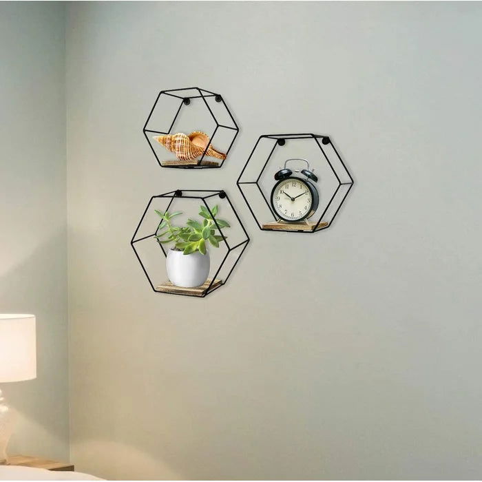 Iron and Solid Sheesham Wood 3 Piece Hexagon Floating Shelf - Furnishiaa -  - 