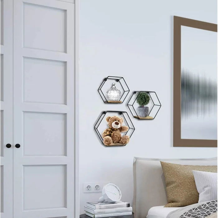 Iron and Solid Sheesham Wood 3 Piece Hexagon Floating Shelf - Furnishiaa -  - 
