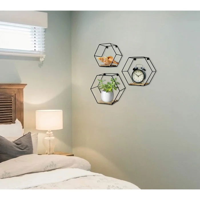 Iron and Solid Sheesham Wood 3 Piece Hexagon Floating Shelf - Furnishiaa -  - 