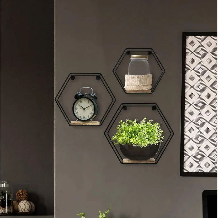 Iron and Solid Sheesham Wood 3 Piece Hexagon Floating Shelf - Furnishiaa -  - 