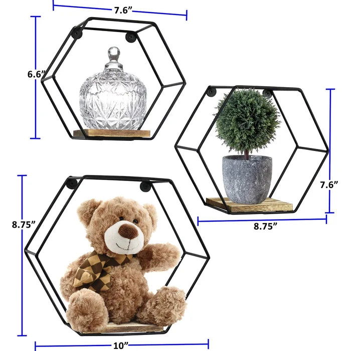Iron and Solid Sheesham Wood 3 Piece Hexagon Floating Shelf - Furnishiaa -  - 