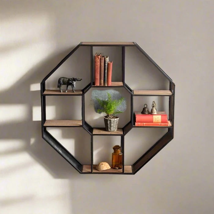 Iron and Solid Sheesham Wood Octagonal Unit Wall Shelf - Furnishiaa -  - 
