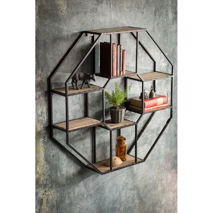 Iron and Solid Sheesham Wood Octagonal Unit Wall Shelf - Furnishiaa -  - 