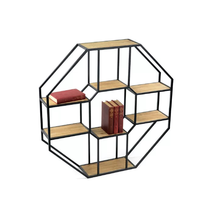 Iron and Solid Sheesham Wood Octagonal Unit Wall Shelf - Furnishiaa -  - 