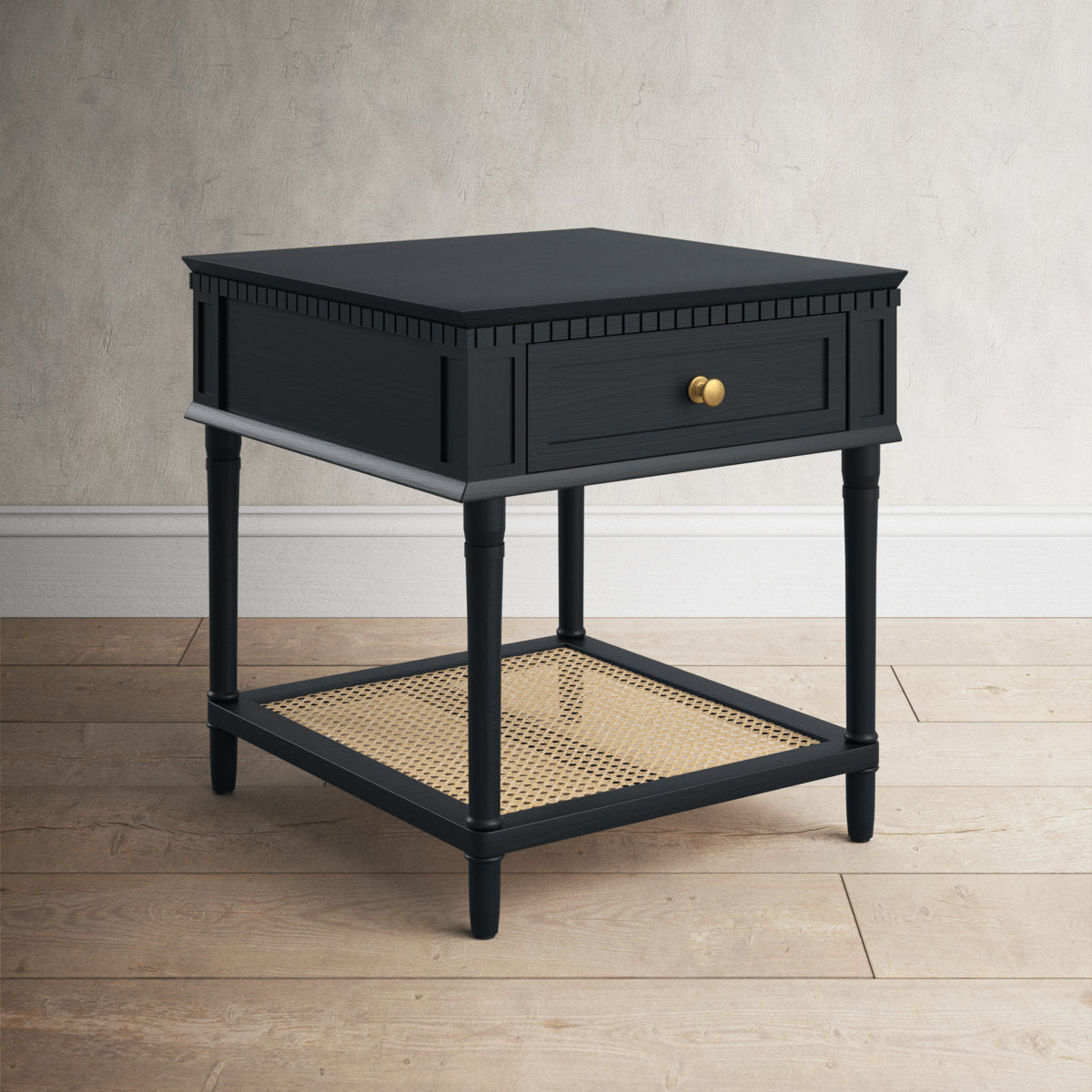 Furnishiaa Modern Solid Wood Side Table with Drawer & Woven Cane Shelf