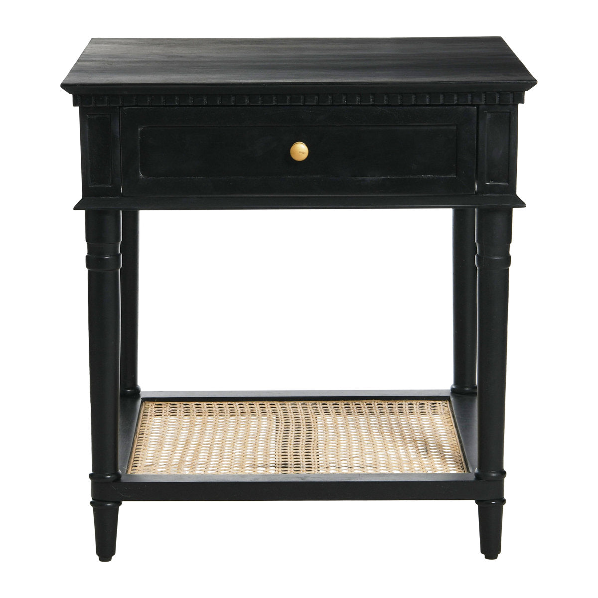 Furnishiaa Modern Solid Wood Side Table with Drawer & Woven Cane Shelf