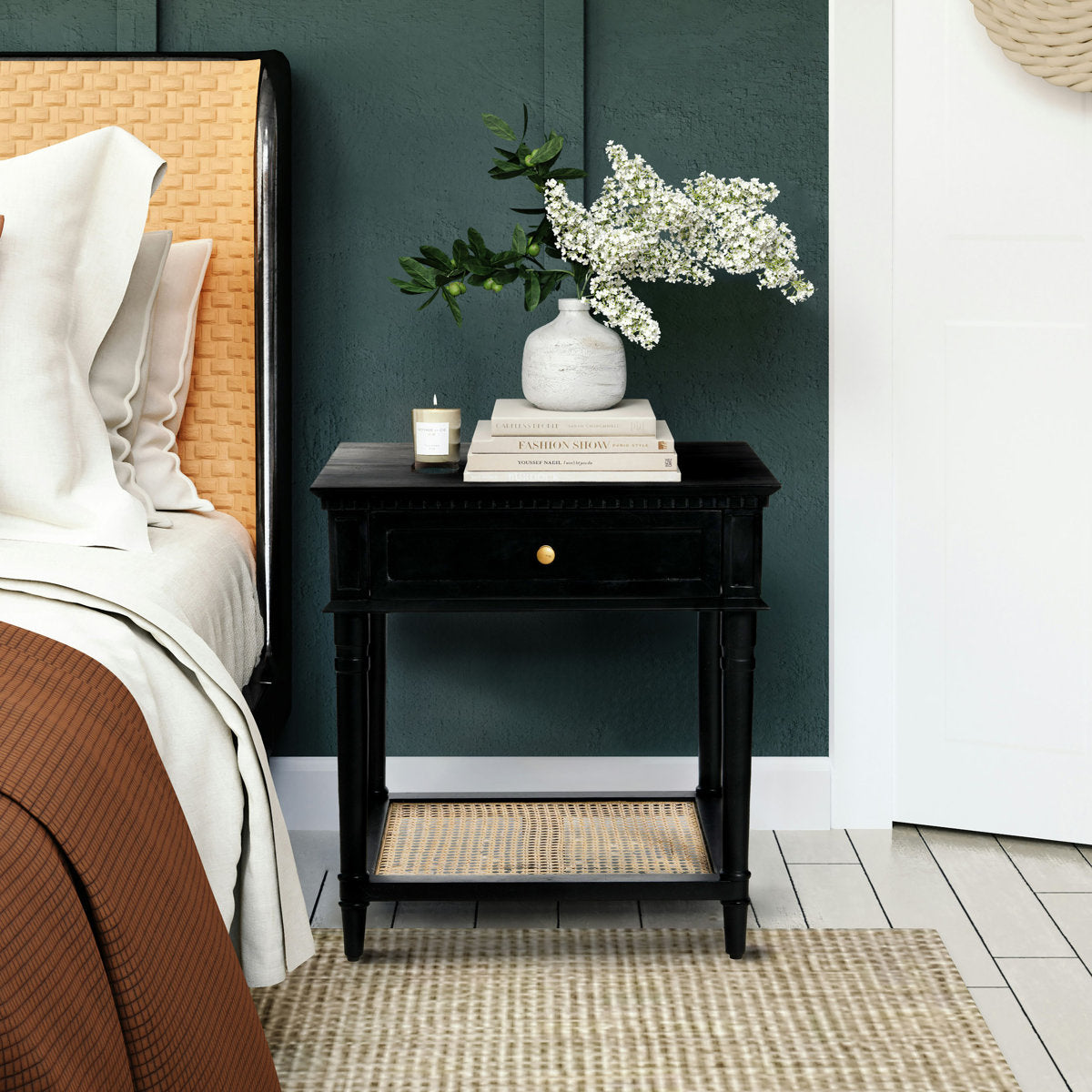 Furnishiaa Modern Solid Wood Side Table with Drawer & Woven Cane Shelf