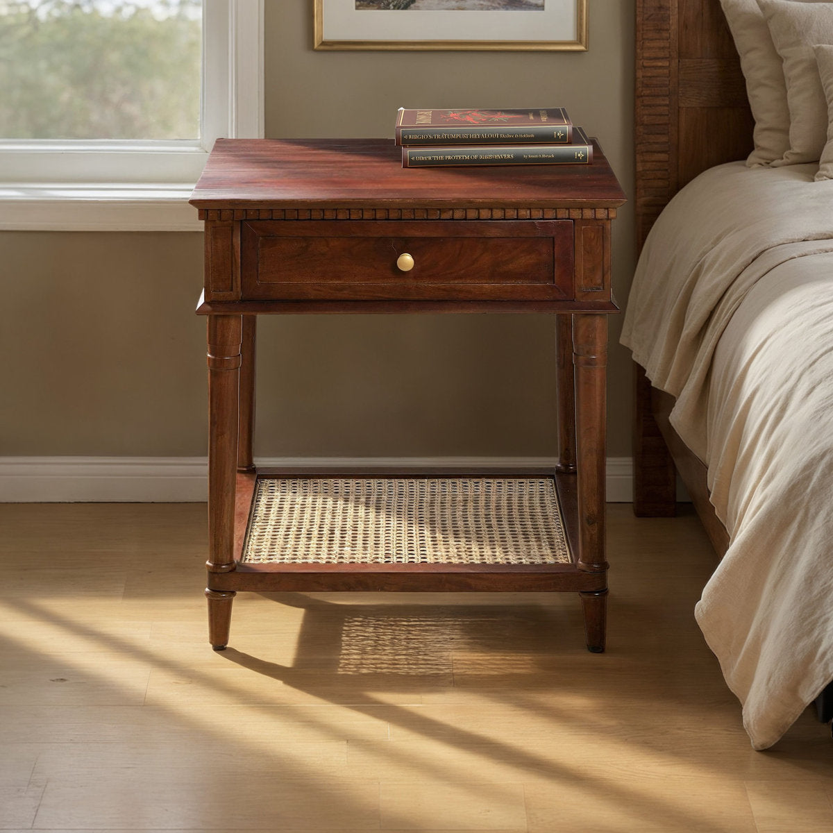 Furnishiaa Modern Solid Wood Side Table with Drawer & Woven Cane Shelf