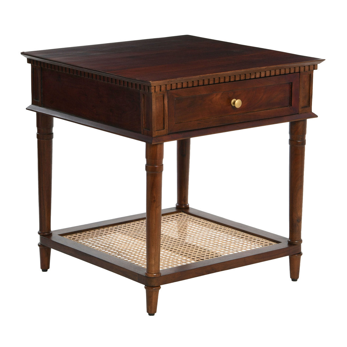Furnishiaa Modern Solid Wood Side Table with Drawer & Woven Cane Shelf