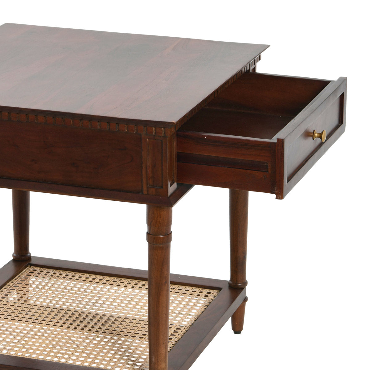 Furnishiaa Modern Solid Wood Side Table with Drawer & Woven Cane Shelf