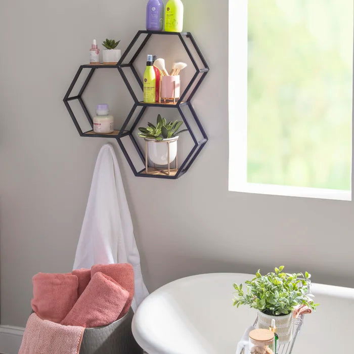 Metal And Solid Sheesham Wood 3 Piece Hexagon Accent Shelf - Furnishiaa -  - 
