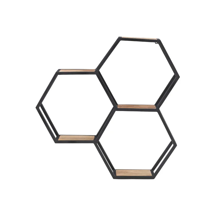 Metal And Solid Sheesham Wood 3 Piece Hexagon Accent Shelf - Furnishiaa -  - 
