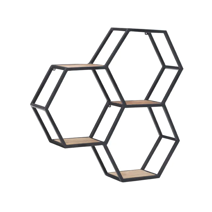 Metal And Solid Sheesham Wood 3 Piece Hexagon Accent Shelf - Furnishiaa -  - 