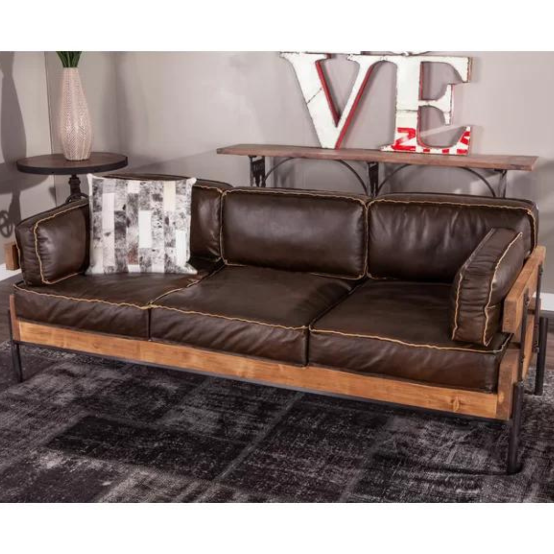 Metal & Genuine Leather Pillow Top Arm Sofa, Mocha Brown - Furnishiaa -  - 